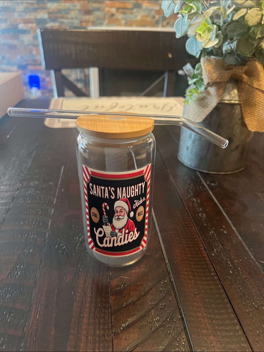 Santa's Naughty Candies Glass Cup with Bamboo Lid - Holiday Decorative Cup